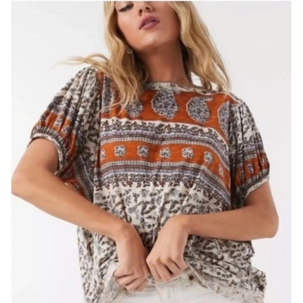 FREE PEOPLE Paisley Puff Sleeve Swing Top XS Boho Oversized